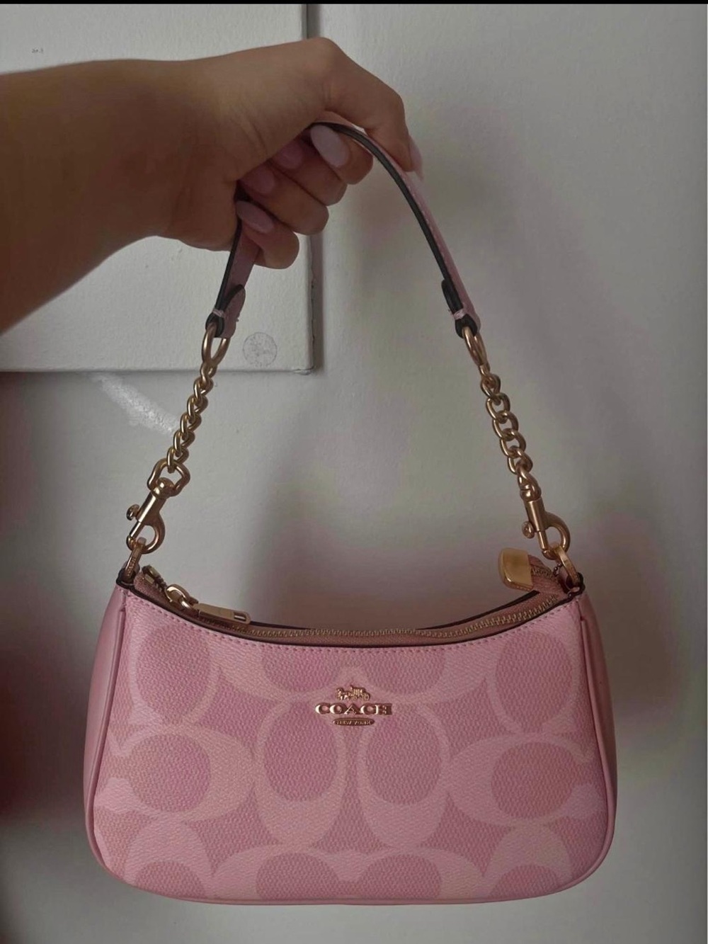 Coach Pink Signature Mini Shoulder Bag with Gold Hardware